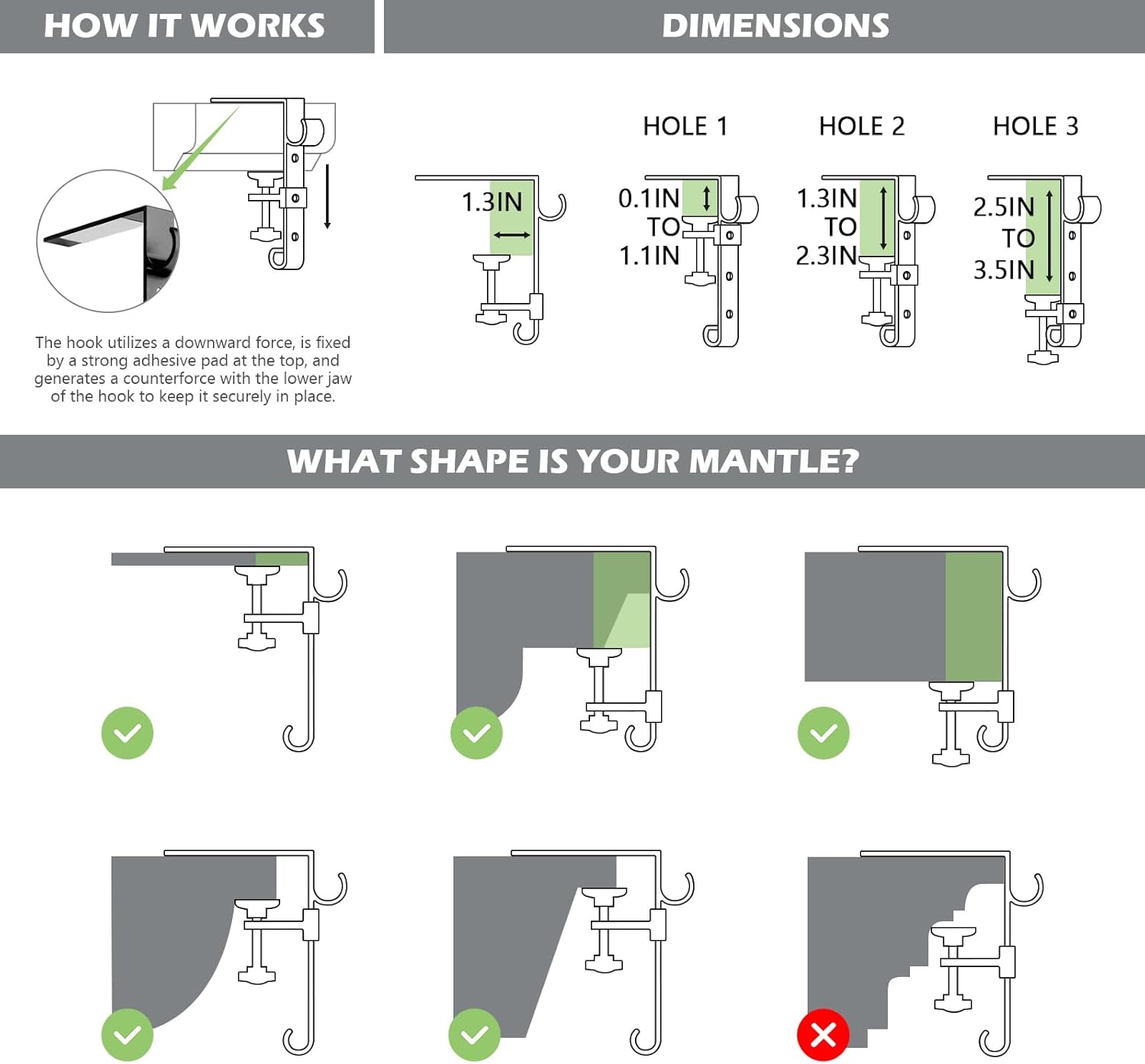 Stocking Hangers for Mantel,4 Pcs 2 in 1 Adjustable Fireplace Christmas Stocking Holder,No-Drill, Easy to Install Garland Hanger for Christmas Decorations,Fits 0.1”-3.5”Mantles(Black, 4)